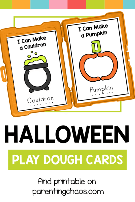 Halloween play dough task cards with pumpkin and cauldron designs, shown in orange trays with colorful banner.