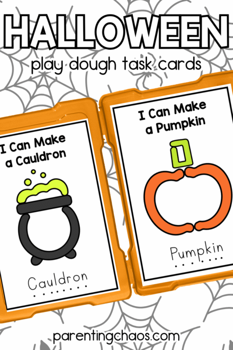 Halloween play dough task cards with pumpkin and cauldron designs in orange trays on a spiderweb background.