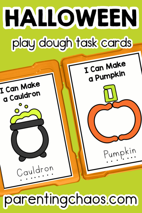 Pumpkin and cauldron Halloween play dough mats displayed in orange trays on a lime green background.