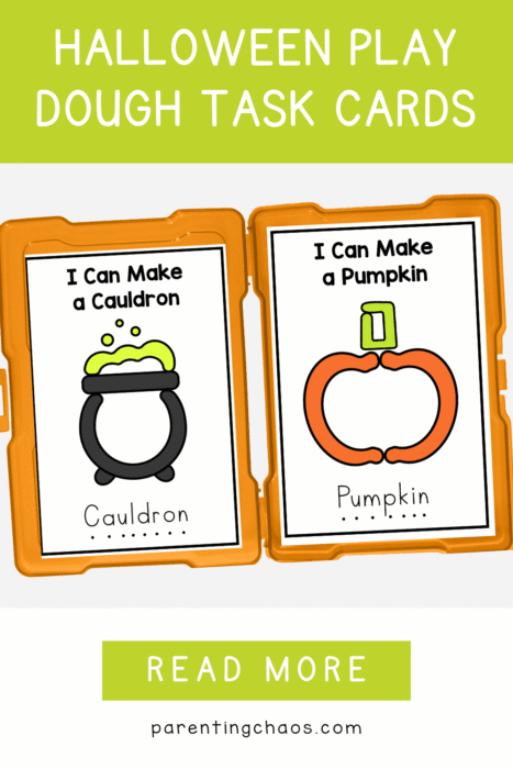 Halloween play dough task cards for kids featuring a cauldron and pumpkin template with “Read More” banner.