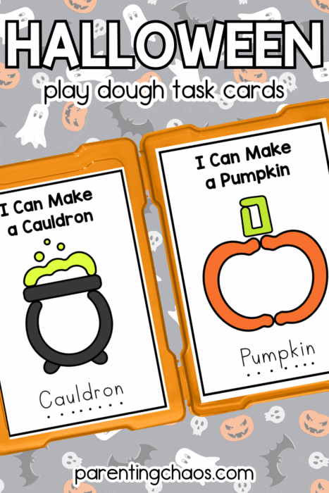 Halloween play dough task cards featuring pumpkin and cauldron designs on a gray ghost pattern background.