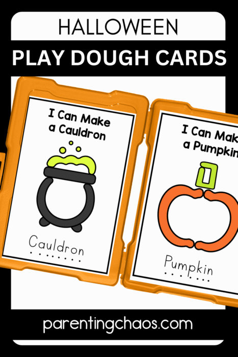 Printable Halloween play dough task cards with pumpkin and cauldron templates displayed in orange trays on black background.