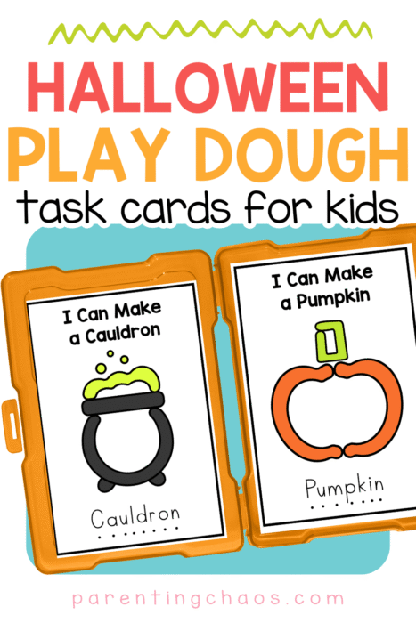 Halloween play dough task cards with cauldron and pumpkin templates, designed for kids.