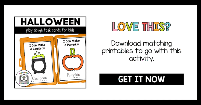 Promotional image showing Halloween play dough task cards featuring a cauldron and pumpkin, with text encouraging users to download matching printables.