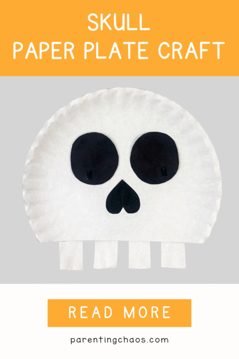 Skull paper plate craft on a light gray background with orange text that reads “Skull Paper Plate Craft.”