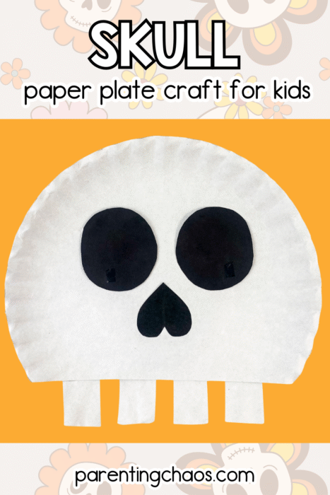 Skull paper plate craft displayed on a cheerful orange background with subtle floral skull illustrations behind the text.