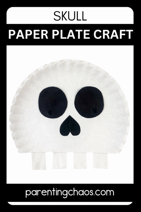 Skull paper plate craft with large black header that reads “Skull Paper Plate Craft” in bold lettering.