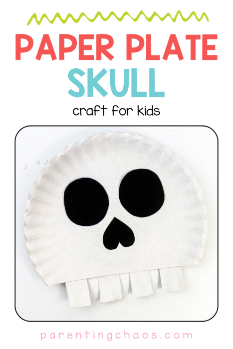 Skull paper plate craft on a white background with red and teal text reading “Paper Plate Skull Craft for Kids.”