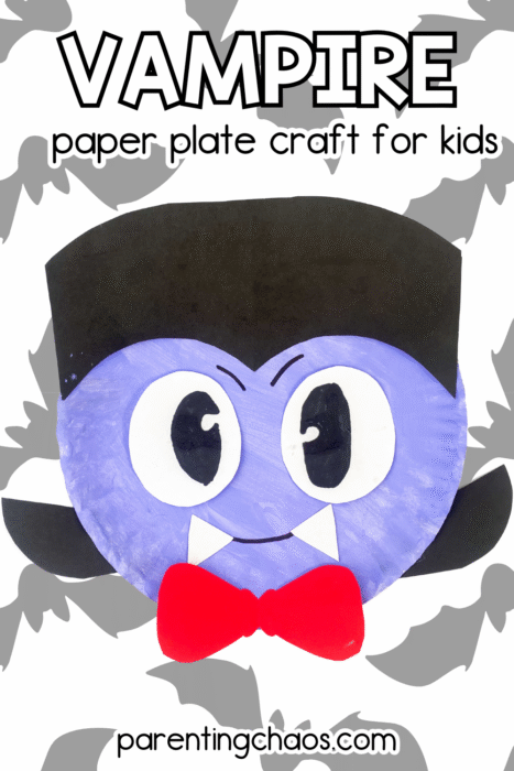 A cute vampire paper plate craft with a bright red bow tie, cartoon eyes, and a widow’s peak hairstyle, set against a gray bat silhouette background.