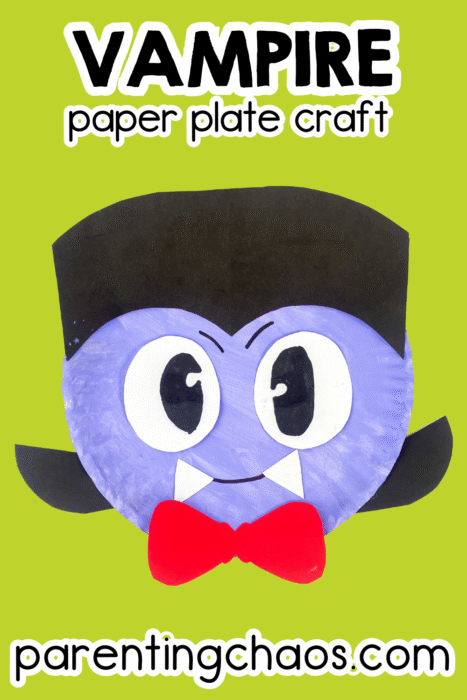 Vampire paper plate craft with a red bow tie and black hair on a bright lime green background.