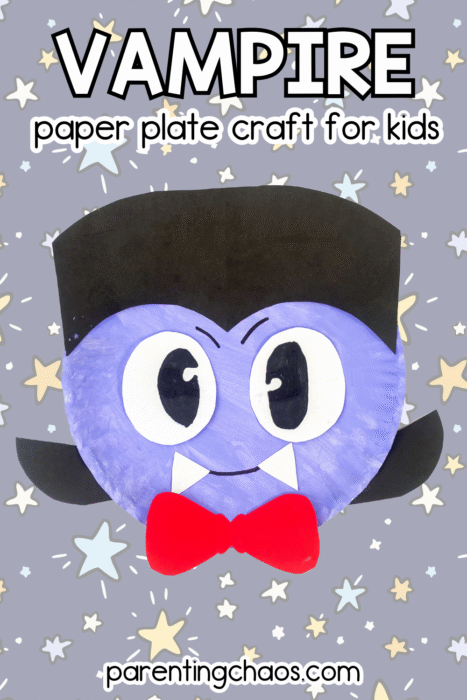 A vampire paper plate craft with cartoonish eyes and a red bow tie on a gray background with stars.