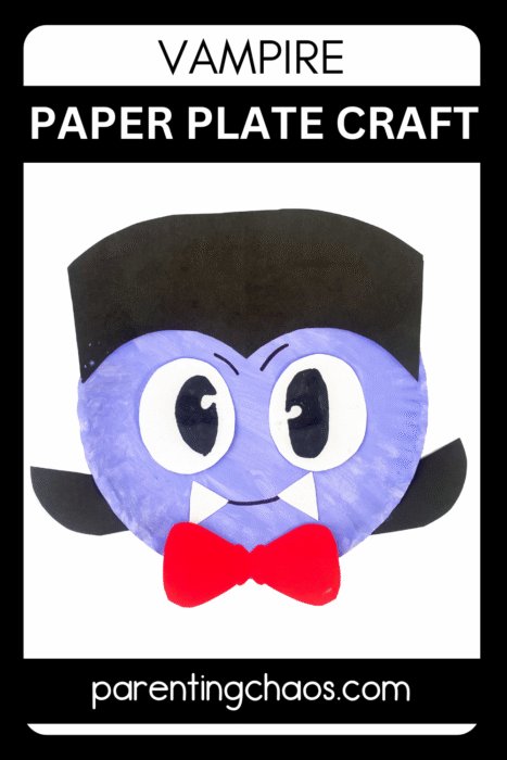 Vampire paper plate craft with black hair and a big red bow tie displayed inside a black frame with bold white text.