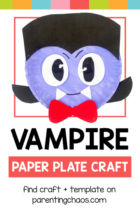 Cute vampire paper plate craft with cartoon-style eyes and a red bow tie, shown with a colorful rainbow header.
