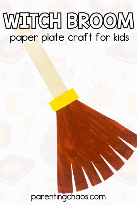 A simple witch broom paper plate craft for kids made with brown painted paper plate bristles, a yellow paper band, and a wooden handle on a white background with cute witchy icons like potions and stars.