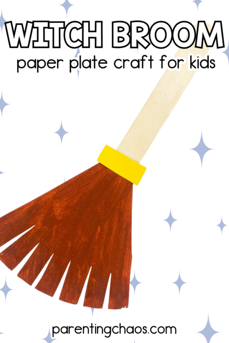 Magical witch broom paper plate craft for kids with a brown broom and yellow band, shown on a white background with soft blue sparkles.
