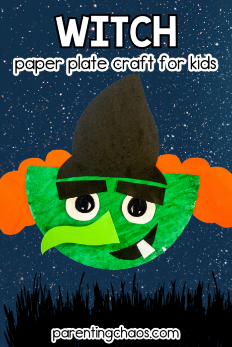 Cute witch paper plate craft for kids featuring a green face, black hat, orange hair, and crooked tooth, set against a starry night sky. Fun Halloween craft idea for preschoolers.