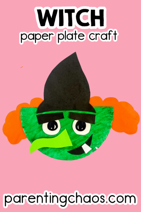 Easy paper plate witch craft for kids with green face, orange paper hair, and tall black hat on a bright pink background. Simple Halloween activity from Parenting Chaos.