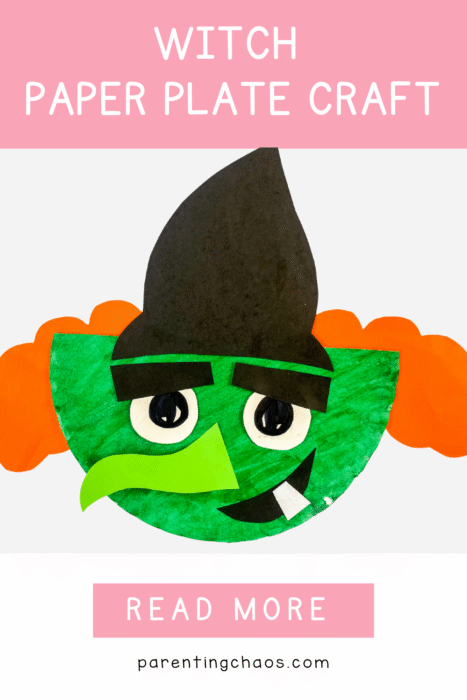DIY witch paper plate craft for kids featuring a green face, orange hair, and black paper hat, displayed on a white background with a pink “read more” banner.