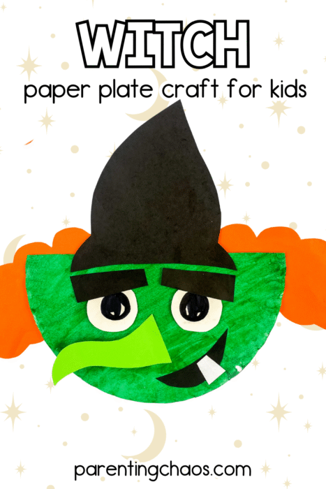 Whimsical witch paper plate craft for kids with a green face, orange hair, and black hat on a star-and-moon background. Perfect easy Halloween activity for young learners.