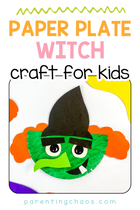 Paper plate witch craft for kids made with colored paper and glue, shown on a white table with orange, yellow, and purple foam cutouts around the edges.