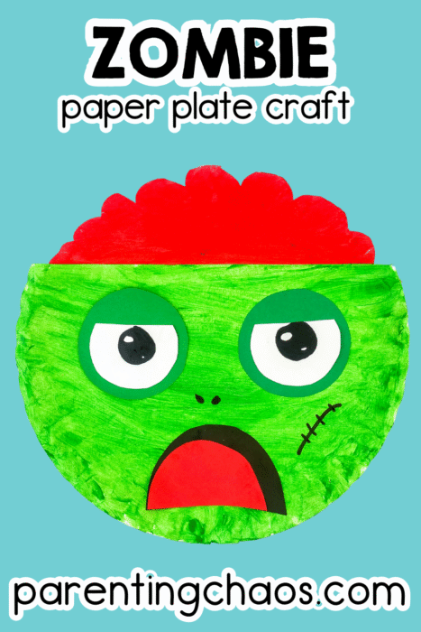 Simple zombie paper plate craft for kids featuring bright green paint, red paper brain, and big googly-style eyes on a teal background. Easy Halloween craft idea for little learners.