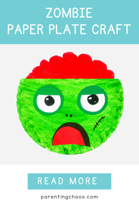 DIY zombie paper plate craft with green face and red brain top, shown above a teal banner that says “Read More.” Perfect spooky Halloween project for preschoolers.