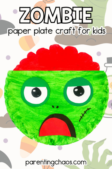 Zombie paper plate craft with green painted face and red brain, set against a playful Halloween background with candy and monster illustrations. Easy spooky craft for kids from Parenting Chaos.