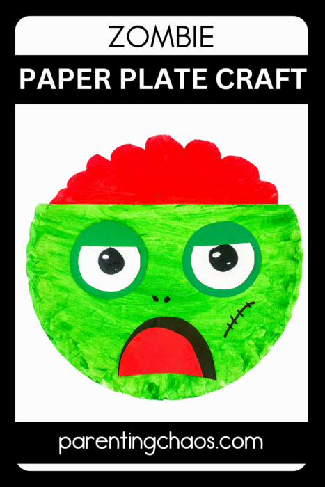 Cute green zombie paper plate craft with red brain detail and stitched cheek, framed in a black border with ParentingChaos.com text. Halloween art idea for classroom or home.