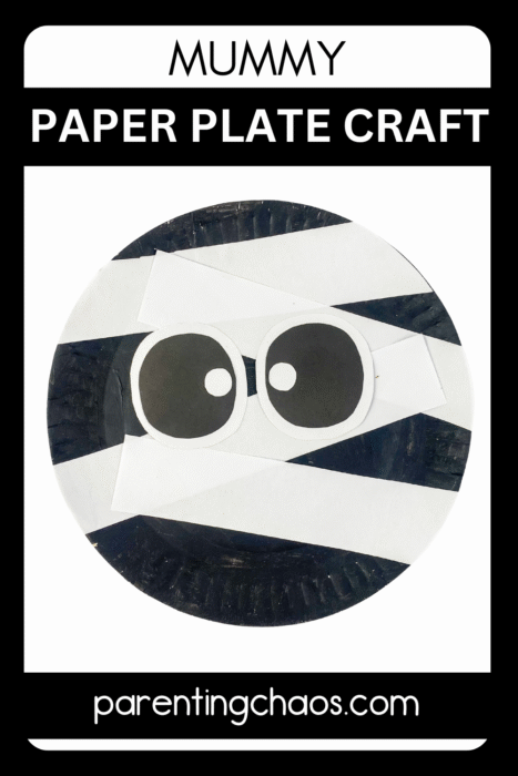 Halloween mummy paper plate craft wrapped in white paper strips, centered in a black frame with text reading “Mummy Paper Plate Craft.”