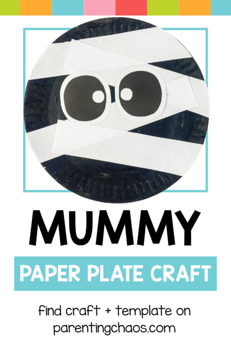 Mummy paper plate craft with white paper strips and large eyes, centered below a colorful rainbow border.