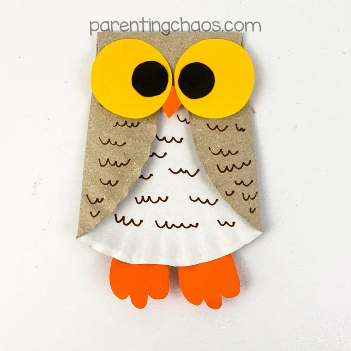 Completed owl paper plate craft with big yellow and black eyes, orange feet and beak, and brown feather details.