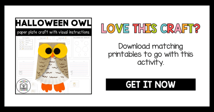 “Halloween Owl Paper Plate Craft” promo banner showing the completed owl craft next to matching printable templates and a “Get It Now” button.