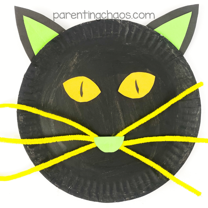 Finished black cat paper plate craft with yellow eyes, green nose, green and black ears, and long yellow pipe cleaner whiskers — completed Halloween craft.