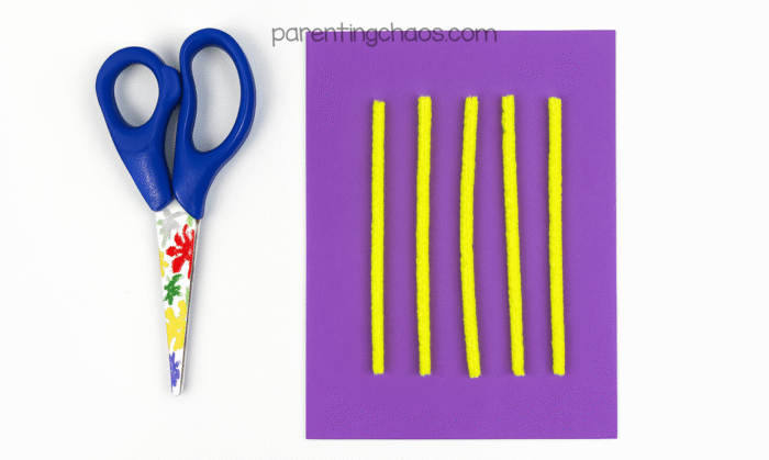 Six yellow pipe cleaners laid out neatly on purple paper next to colorful scissors, ready to be cut for whiskers.