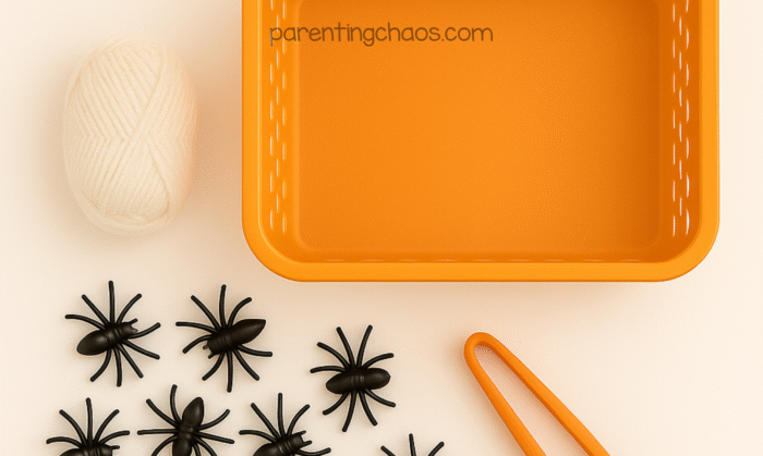 Orange sensory bin tray, white yarn, black plastic spiders, and tongs laid out on a light background for a Halloween spider web activity.