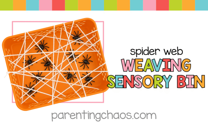 Overhead view of a spider web weaving sensory bin with black spiders and white yarn on an orange tray, colorful Parenting Chaos banner at the top.