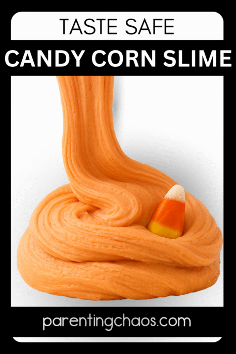 Thick swirl of orange candy corn slime with a candy corn piece tucked inside.