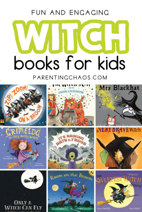 Pinterest graphic featuring a grid of colorful witch-themed book covers for kids with the title “Fun and Engaging Witch Books for Kids” and the ParentingChaos.com logo.