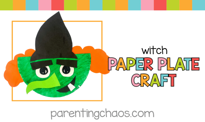 Title image showing finished witch paper plate craft with bright colors and Parenting Chaos logo.