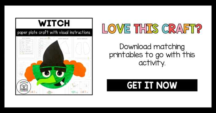 Promotional image for witch paper plate craft printable pack with “Get It Now” button.