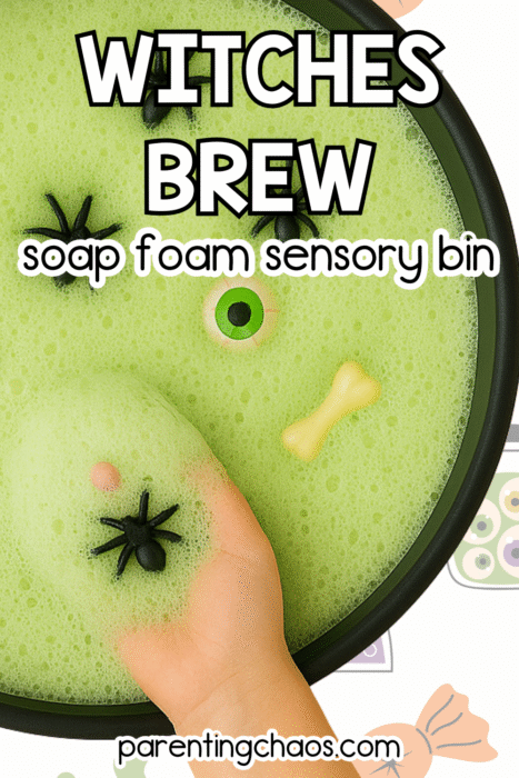 Child playing with bright green witches brew sensory foam filled with spiders, bones, and eyeballs.