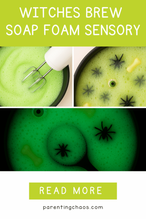 Collage of witches brew soap foam sensory play — mixing foam, glowing bubbles, and Halloween toys.