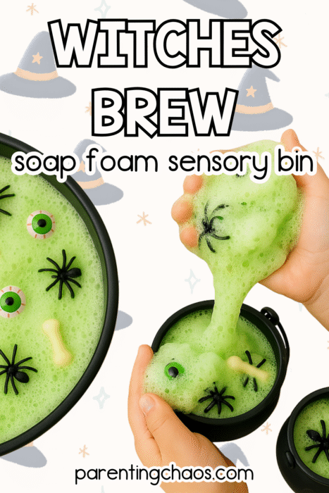 Glow-in-the-dark green witches brew soap foam sensory bin with toy spiders and bones.