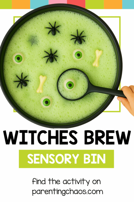 Overhead view of green witches brew sensory bin with floating toy eyeballs, bones, and spiders.