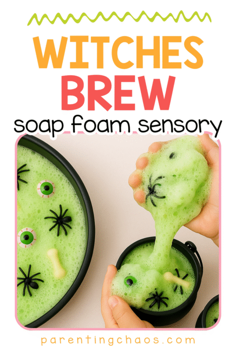 Kids squeezing bubbly green witches brew foam with plastic spiders in small cauldrons.