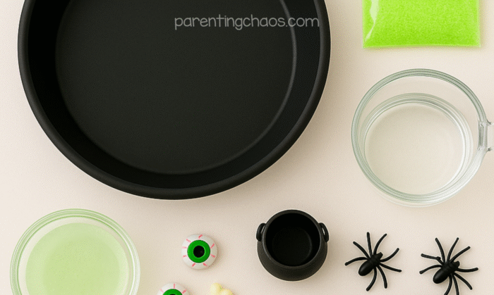 Overhead view of witches brew sensory bin supplies — black tray, water, green powder, toy spiders, cauldron, and eyeballs.