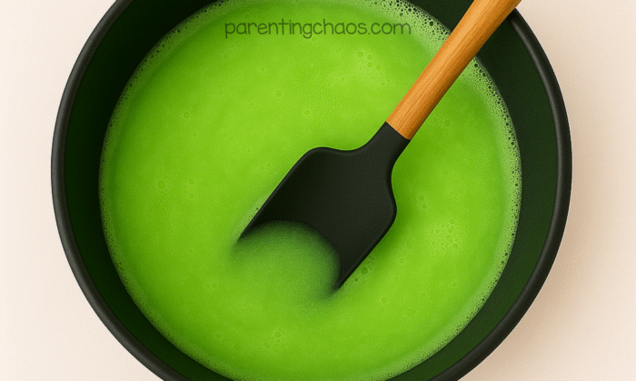 Bright green soap foam forming in the tray, being stirred with a black spatula.