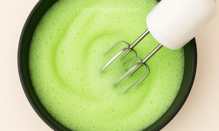Electric mixer blending green soap foam until fluffy and full of bubbles.