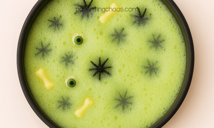 Top-down view of finished witches brew foam with toy spiders, bones, and eyeballs floating on top.