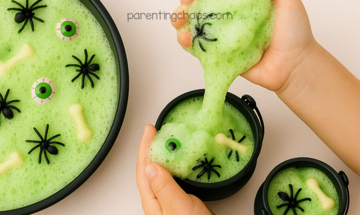 Child scooping up green witches brew foam with toy spiders and eyeballs into small black cauldrons.